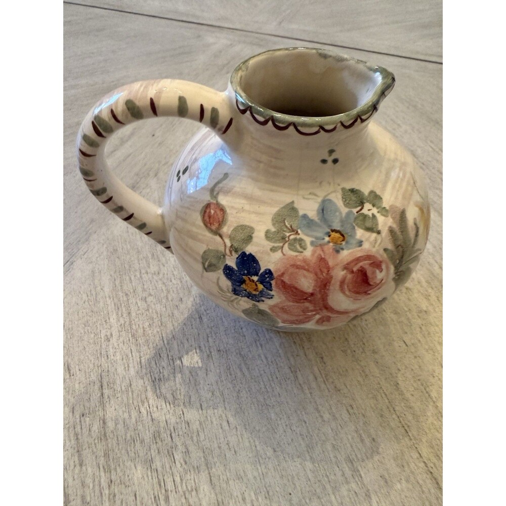 Vintage Ulmer Keramik Pitcher Hand-Painted Floral Art Pottery West Germany 1960s